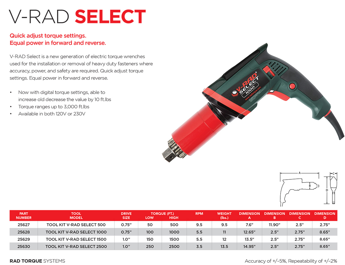 V-RAD Select 1000 Electric Prowered Bolting Tools Spec Sheet